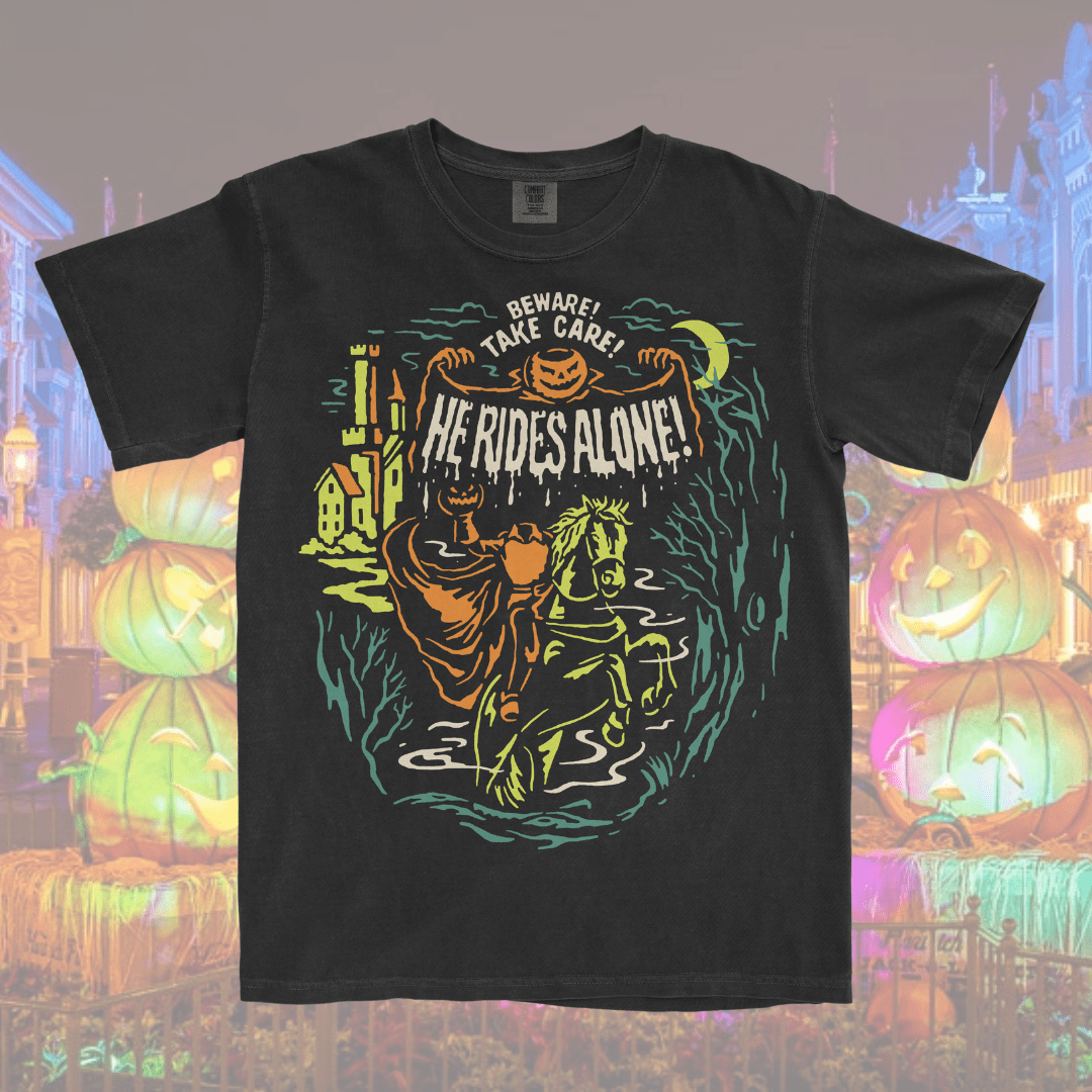 a Headless shirt, a Headless Horseman inspired vintage t-shirt with pumpkins and magic castle design located in Magic Kingdom located at Disney World and Disneyland. Inspired by the Boo To You Parade at Mickeys Not So Scary Halloween Party.