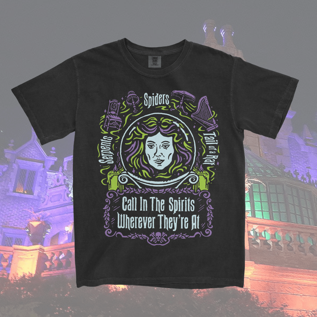 Black Madame Leota inspired shirt from disneys Haunte Mansion featuring her crystal ball.